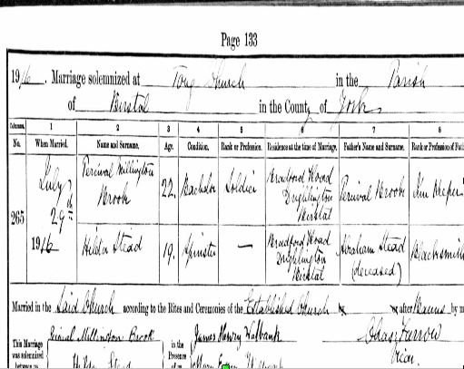 The marriage certificate for Percival Brooke in 1916