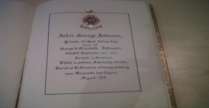 The entry for John Johnson in the Book of Remembrance.