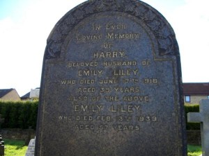 The headstone for Harry Liley (snr) buried in Drighlington Churchyard.
