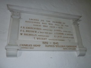 St Peter's Church, Bruisyard war memorial via lives of WW1